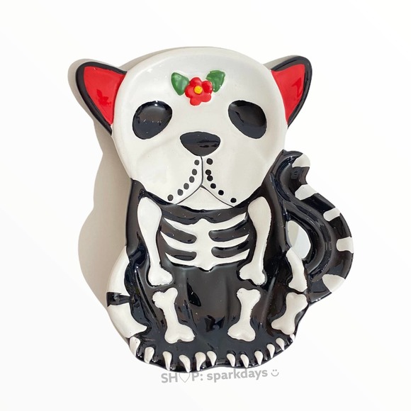 Bulldog Skeleton Puppy Dog Sugar Skull Smoke Ashtray Jewelry Dish Ceramic Plate - Picture 6 of 8